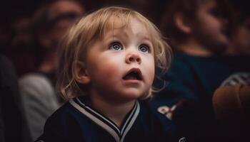 schattig Kaukasisch baby jongen glimlachen met familie in vrolijk portret gegenereerd door ai foto