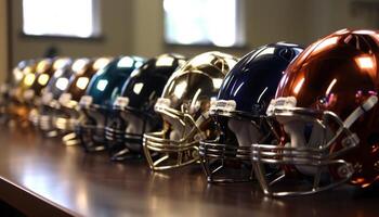 Amerikaans voetbal helmen in een rij, reflecterend Amerikaans hoog school- cultuur gegenereerd door ai foto