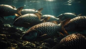 school- van vis zwemmen in diep blauw tropisch rif wateren gegenereerd door ai foto