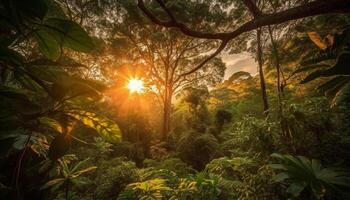 rustig tafereel van een tropisch regenwoud Bij schemering, hemel Aan aarde gegenereerd door ai foto