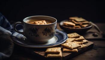 eigengemaakt biscuit en koffie Aan rustiek hout tafel, comfort toegeeflijkheid gegenereerd door ai foto