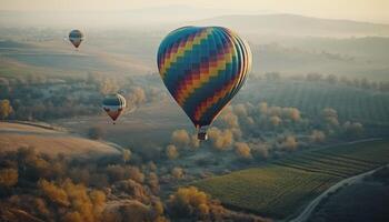 multi gekleurde heet lucht ballon vliegt hoog over- berg landschap gegenereerd door ai foto