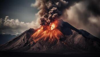 brandend berg barst uit, vernietigen milieu met rook en as verontreiniging gegenereerd door ai foto
