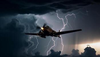vliegend vliegtuig propeller bezuinigingen door donker, gevaarlijk onweersbui lucht gegenereerd door ai foto