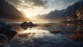 majestueus berg reeks weerspiegelt rustig tafereel Bij zonsondergang in herfst gegenereerd door ai foto