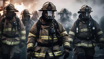 heroes in beschermend werkkleding staand buitenshuis, klaar voor brand redden gegenereerd door ai foto