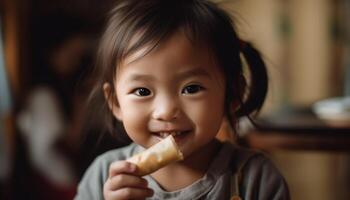 schattig meisjes lachend, genieten van voedsel en speels kinderjaren binnenshuis gegenereerd door ai foto