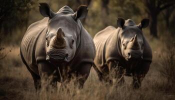 wit neushoorn begrazing Aan savanne, op zoek Bij camera in dichtbij omhoog gegenereerd door ai foto