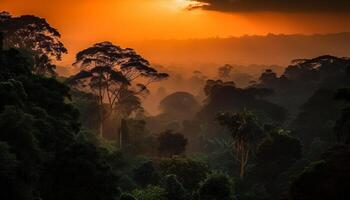 silhouet van dieren in de wild tegen een geel zonsondergang gegenereerd door ai foto