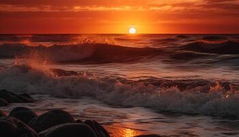 rustig zonsondergang over- tropisch kustlijn, golven spatten Aan rotsen gegenereerd door ai foto