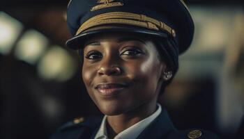 zelfverzekerd jong Afrikaanse Amerikaans vrouw in uniform glimlachen voor hoofdschot gegenereerd door ai foto