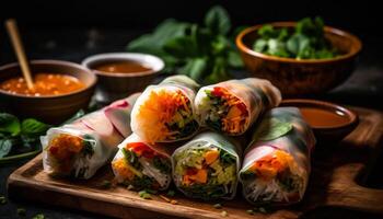 vers voorjaar broodjes met varkensvlees en groenten, geserveerd met saus gegenereerd door ai foto