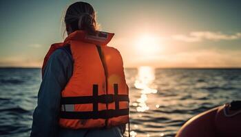 een persoon staan, op zoek Bij zonsondergang Aan nautische vaartuig gegenereerd door ai foto