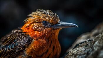 multi gekleurde havik neerstrijken Aan tak, op zoek Bij camera in sneeuw gegenereerd door ai foto