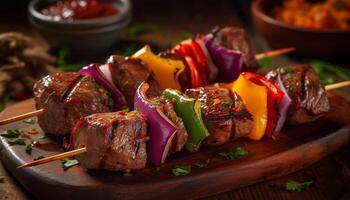 gegrild rundvlees vleespen met vers groenten, een fijnproever zomer maaltijd gegenereerd door ai foto