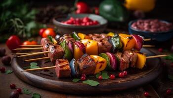 gegrild spies vlees en groenten Aan rustiek houten bord gegenereerd door ai foto