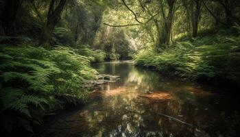 rustig tafereel van vloeiende water in weelderig tropisch regenwoud gegenereerd door ai foto