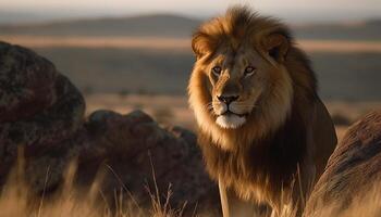 majestueus leeuwin wandelen in de savanne, alertheid in haar ogen gegenereerd door ai foto