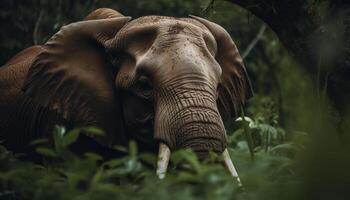 olifant wandelen in de wild, sterk en majestueus, begrazing vredig gegenereerd door ai foto