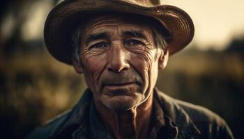 senior cowboy boer met vertrouwen en echt uitdrukking buitenshuis gegenereerd door ai foto