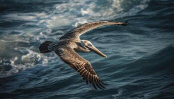 pelikaan en zeemeeuw verspreiding Vleugels, nemen uit over- rustig zeegezicht gegenereerd door ai foto