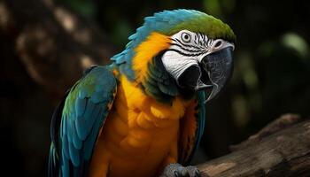 levendig ara neerstrijken Aan tak, presentatie van multi gekleurde schoonheid in natuur gegenereerd door ai foto