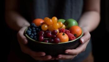 hand- Holding kom van vers biologisch fruit voor gezond aan het eten gegenereerd door ai foto