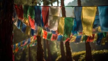 bidden onder kleurrijk gebed vlaggen in een levendig berg landschap gegenereerd door ai foto