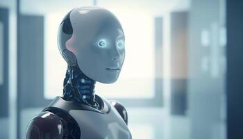 futuristische robot technologie een persoon, mannen en Dames op zoek Bij camera gegenereerd door ai foto
