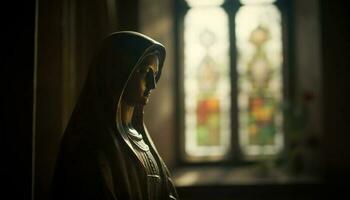 bidden jong volwassen verlichte door verlicht kruis in gotisch kathedraal gegenereerd door ai foto