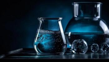 transparant glas fles met blauw vloeistof en single laten vallen gegenereerd door ai foto