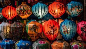 levendig gekleurde lantaarns verlichten traditioneel oosten- Aziatisch vieringen en culturen gegenereerd door ai foto