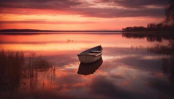 rustig zonsopkomst over- sereen vijver, natuur schoonheid in multi gekleurde lucht gegenereerd door ai foto