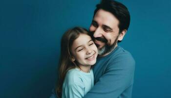 een glimlachen zoon omarmen vader, studio schot, geluk en liefde gegenereerd door ai foto