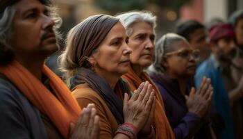 volwassen Dames bidden in multi etnisch groep, genieten van saamhorigheid buitenshuis gegenereerd door ai foto