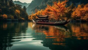 rustig het zeilen reis door idyllisch herfst Woud weerspiegelt natuurlijk schoonheid gegenereerd door ai foto