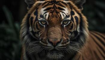 Bengalen tijger staren, dichtbij omhoog portret van majestueus gestreept groot kat gegenereerd door ai foto