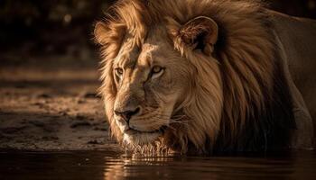 majestueus leeuwin resting in de wildernis, staren in de afstand gegenereerd door ai foto