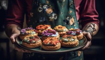 Kaukasisch bakker maken eigengemaakt chocola muffins met creatief decoraties binnenshuis gegenereerd door ai foto