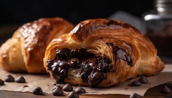 eigengemaakt Frans croissant, gebakken naar perfectie, klaar naar eten toegeeflijkheid gegenereerd door ai foto