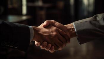 zakenlieden beven handen in overeenkomst, feliciteren succes in vennootschap gegenereerd door ai foto