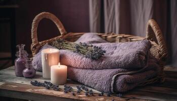 luxe aromatherapie spa behandeling kaars vlam, vers bloemen, comfortabel handdoek gegenereerd door ai foto