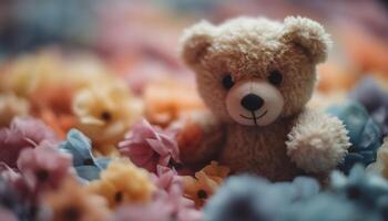 pluizig teddy beer zit tussen kleurrijk bloemen, een vrolijk geschenk gegenereerd door ai foto