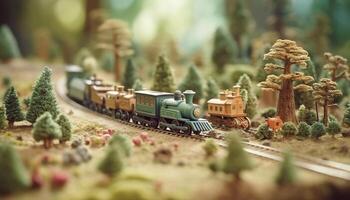klein locomotief Aan spoorweg bijhouden door Woud, een kinderjaren decoratie gegenereerd door ai foto