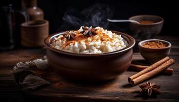 gezond maaltijd gekookt met biologisch ingrediënten Aan rustiek houten tafel gegenereerd door ai foto