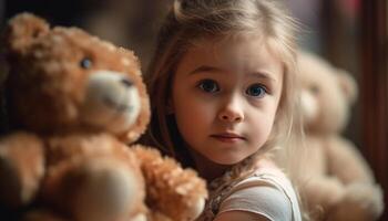 schattig meisje Holding teddy beer, glimlachen en spelen binnenshuis gelukkig gegenereerd door ai foto