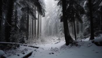 rustig tafereel van een besneeuwd Woud, mysterie in de lucht gegenereerd door ai foto
