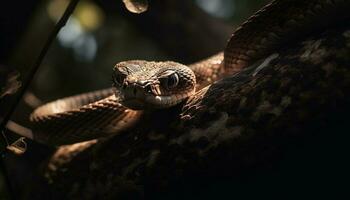 slang dichtbij omhoog portret onthult haar gevaarlijk giftig adder natuur gegenereerd door ai foto