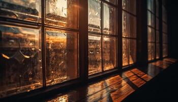 oud fashioned hout kader weerspiegelt modern stadsgezicht door helder venster gegenereerd door ai foto