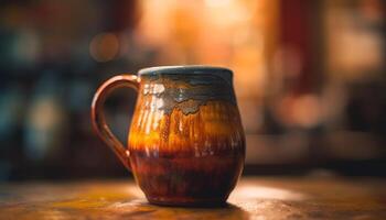 rustiek aardewerk mok met omgaan met Aan houten tafel in kroeg gegenereerd door ai foto